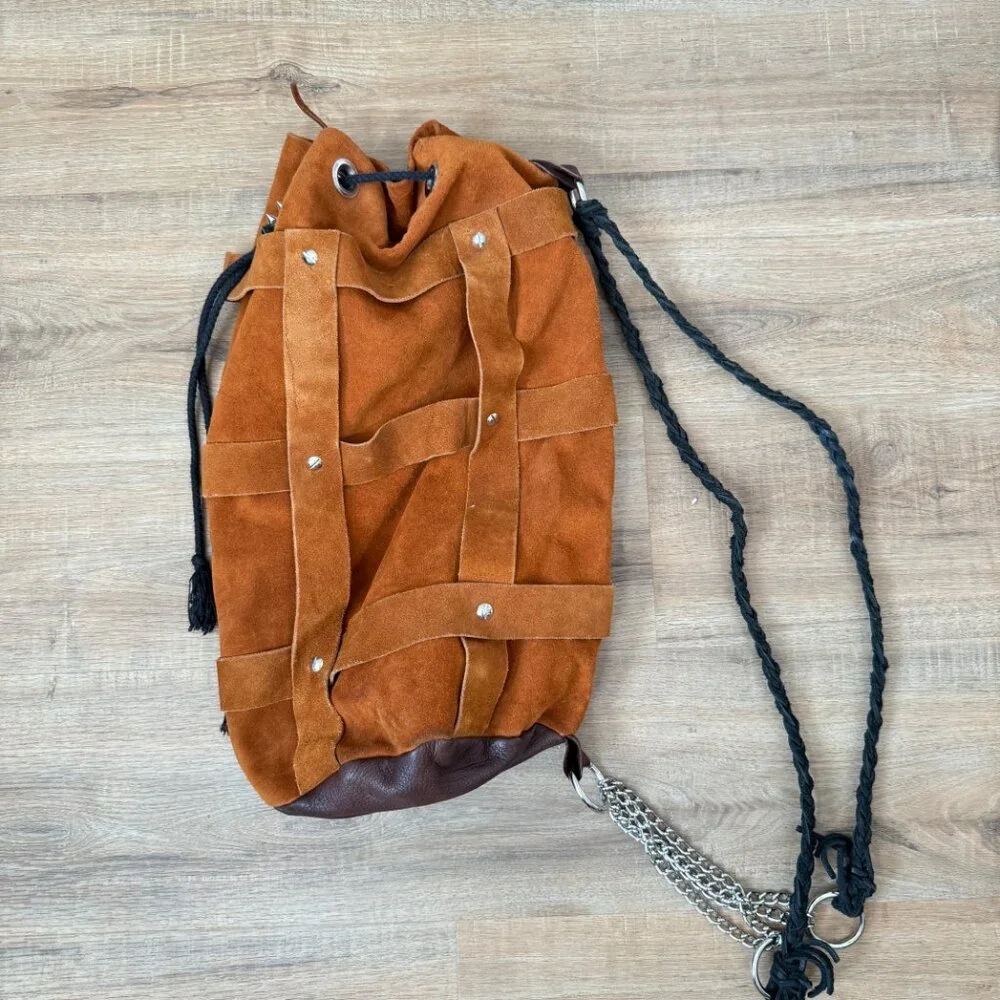 Brown Suede Drawstring Backpack Boho - Picture 4 of 8